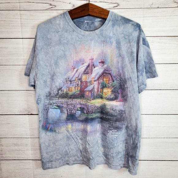 Thomas Kinkade Shirt Adult Large Blue Tie Dye Painting Cabin Woods Cotton USA - Picture 1 of 6